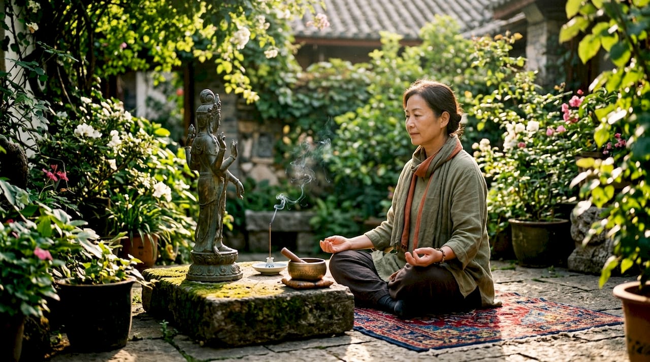 Woman meditating facing deity statue in traditional room