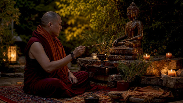 Tibetan monk consecrating Buddhist statue