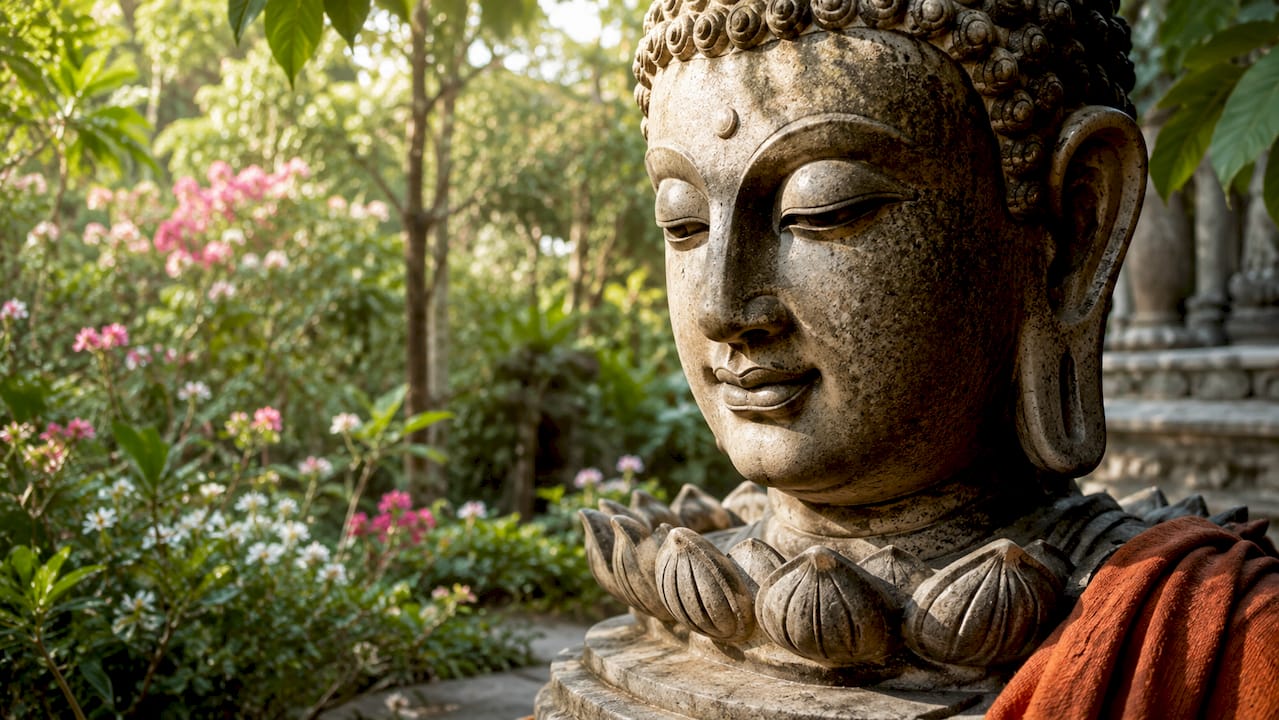 Nahaufnahme eines heiteren Buddha-Gesichts