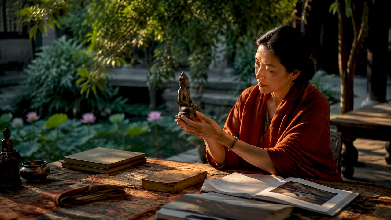 Historian examining seated Buddha statue