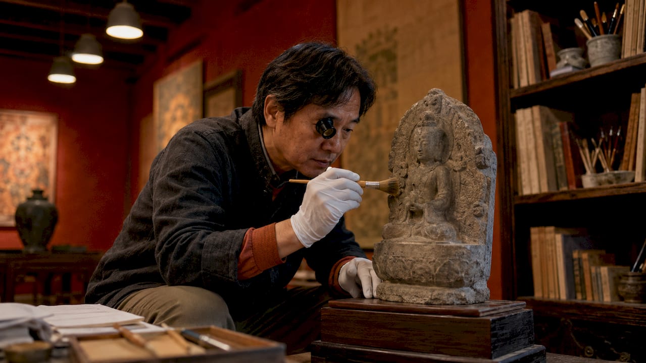 Conservatore che ispeziona la superficie della statua di arte asiatica