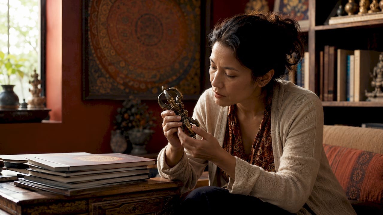 Art historian examining bronze vajra statue