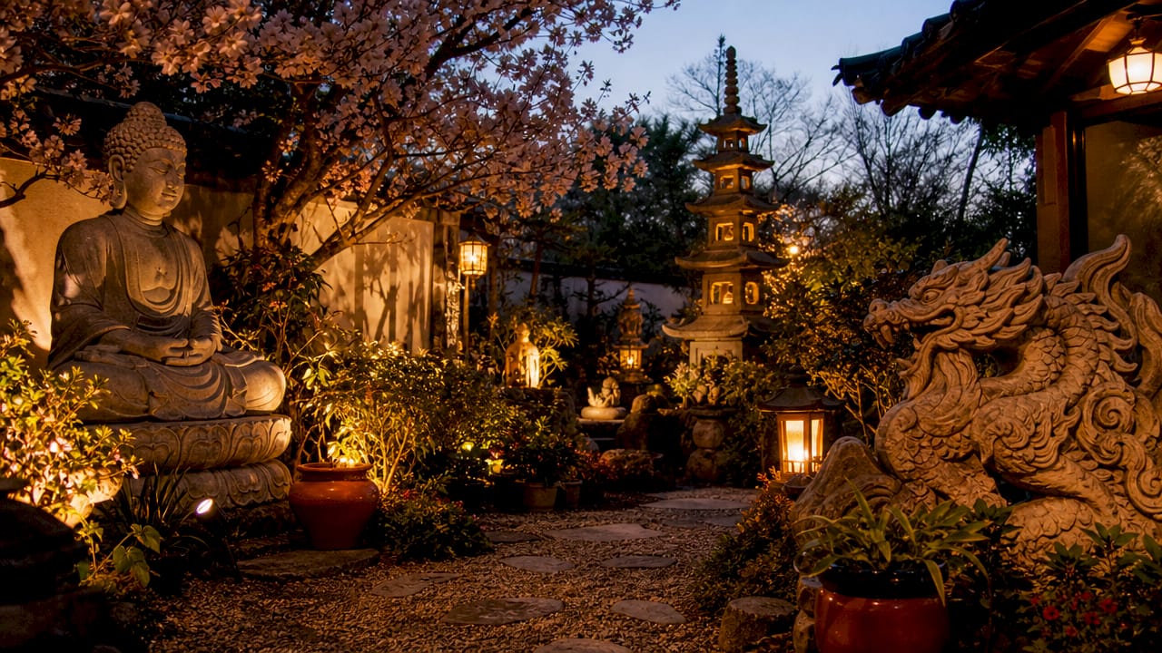 Asian garden with stone Buddha and pagoda sculptures