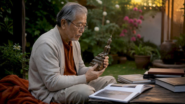 Collector examining Sukhothai Buddha statue