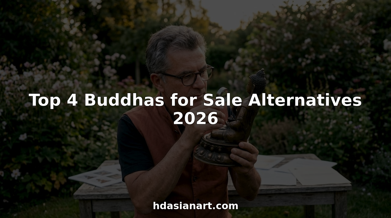 Collector examining authentic Buddha sculpture at desk