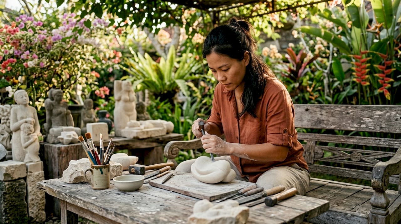 Artist carving minimalist Asian sculpture