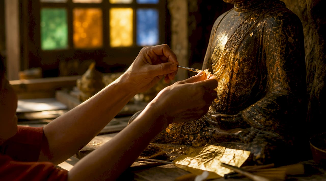 Hands applying gold leaf to Buddhist statue