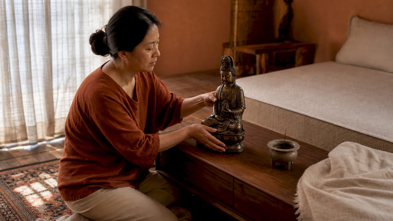 Frau arrangiert Bronze-Guanyin im Schlafzimmer-Zufluchtsort