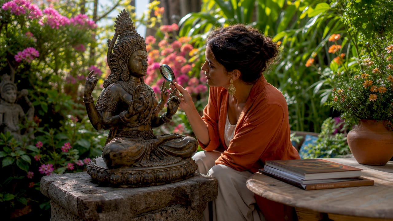 Sammler untersucht eine bronzene Statue einer Hindu-Göttin