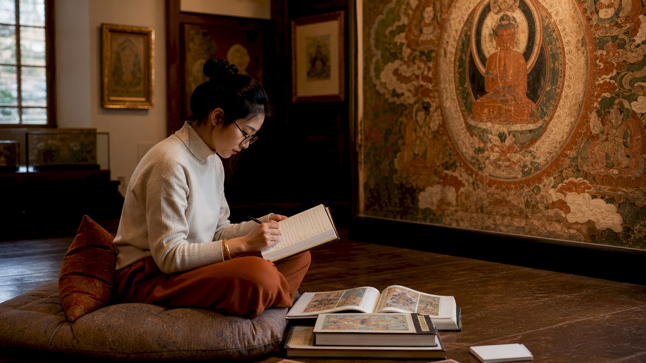 Scholar studying Buddhist mandorla artwork