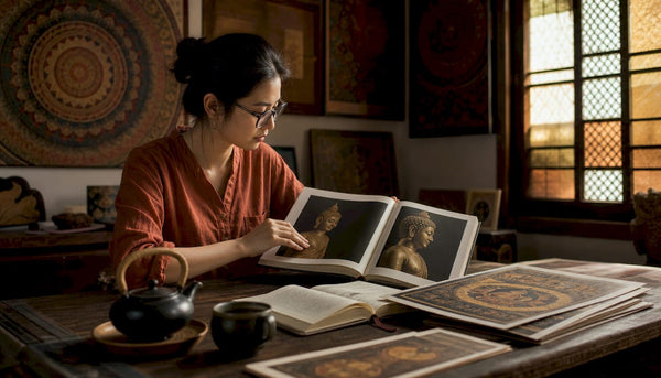 Scholar studying Buddha statues with ushnisha feature
