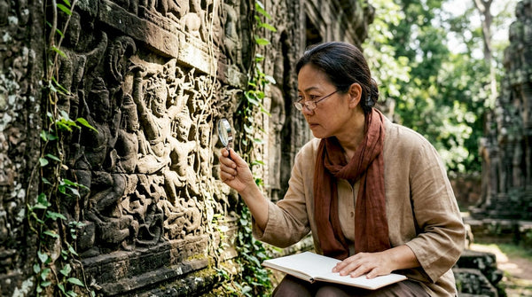 Art historian examining Khmer temple relief carvings