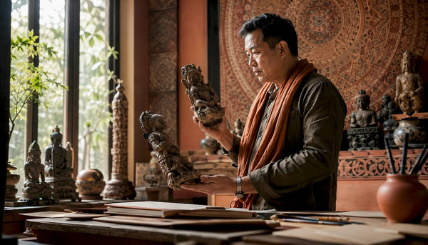 Collector examining Asian sculptures in study