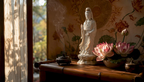 Kwan Yin statue arranged in calm living room altar