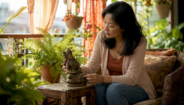 Woman contemplating antique bronze statue gift