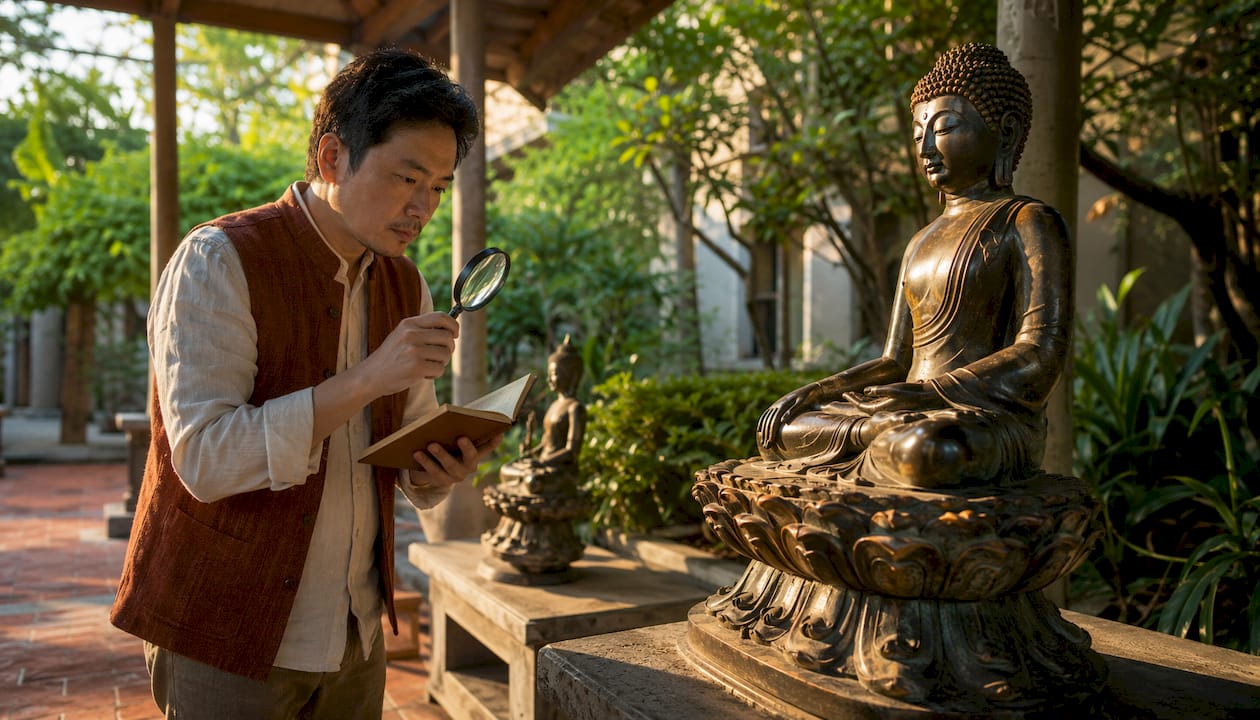 Curator examining Buddha on lotus throne in museum