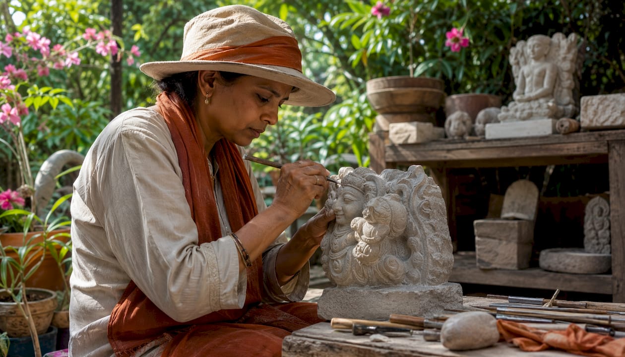 Artisan carving natural stone sculpture in workshop