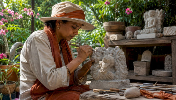 Artisan carving natural stone sculpture in workshop
