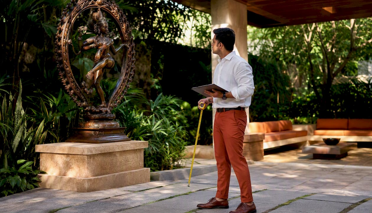 Manager measuring reception area for sculpture