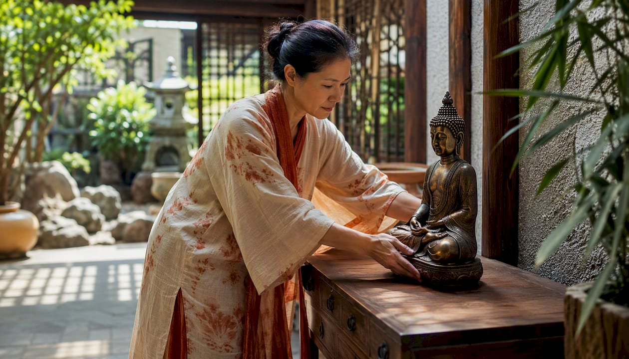 Woman placing bronze Buddha sculpture in living room