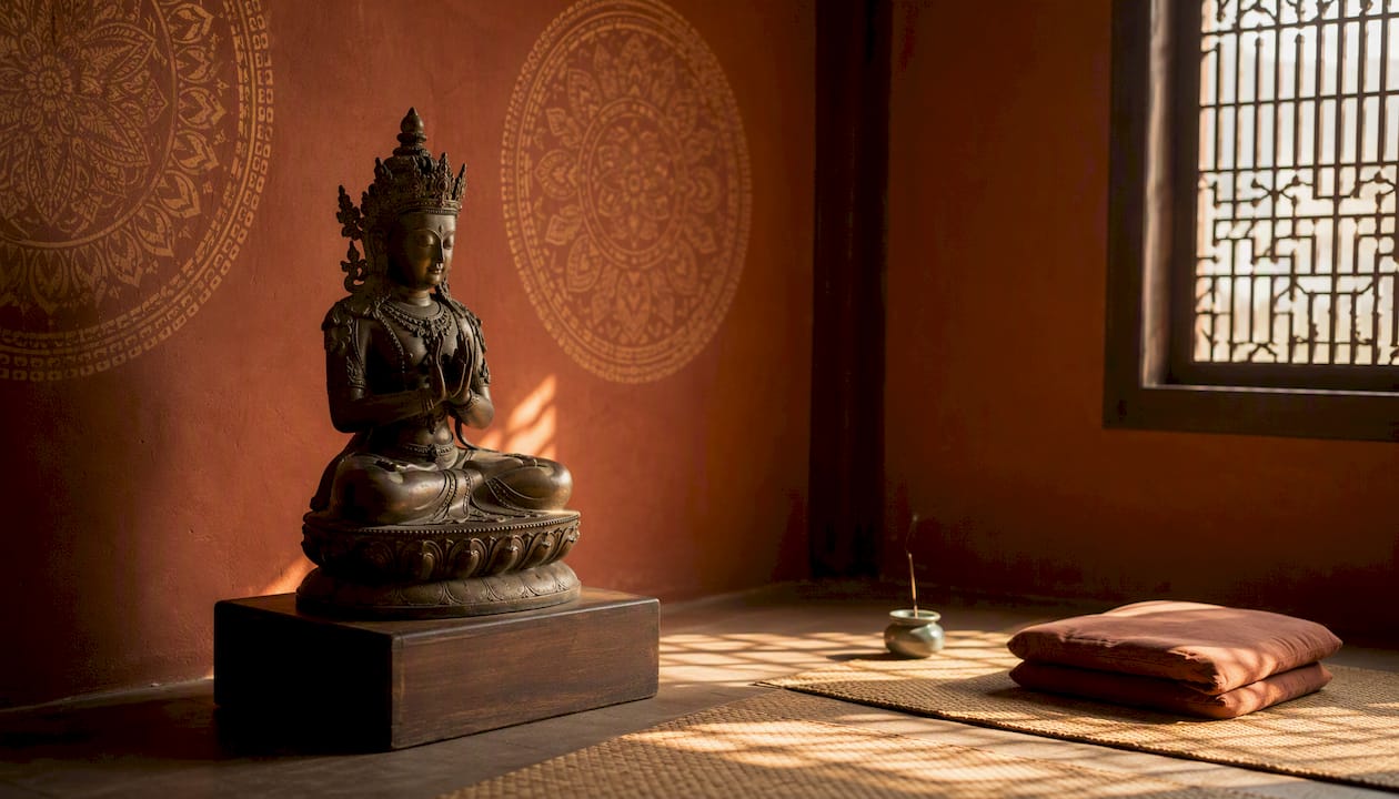 Cambodian bronze Avalokiteshvara statue in meditation room