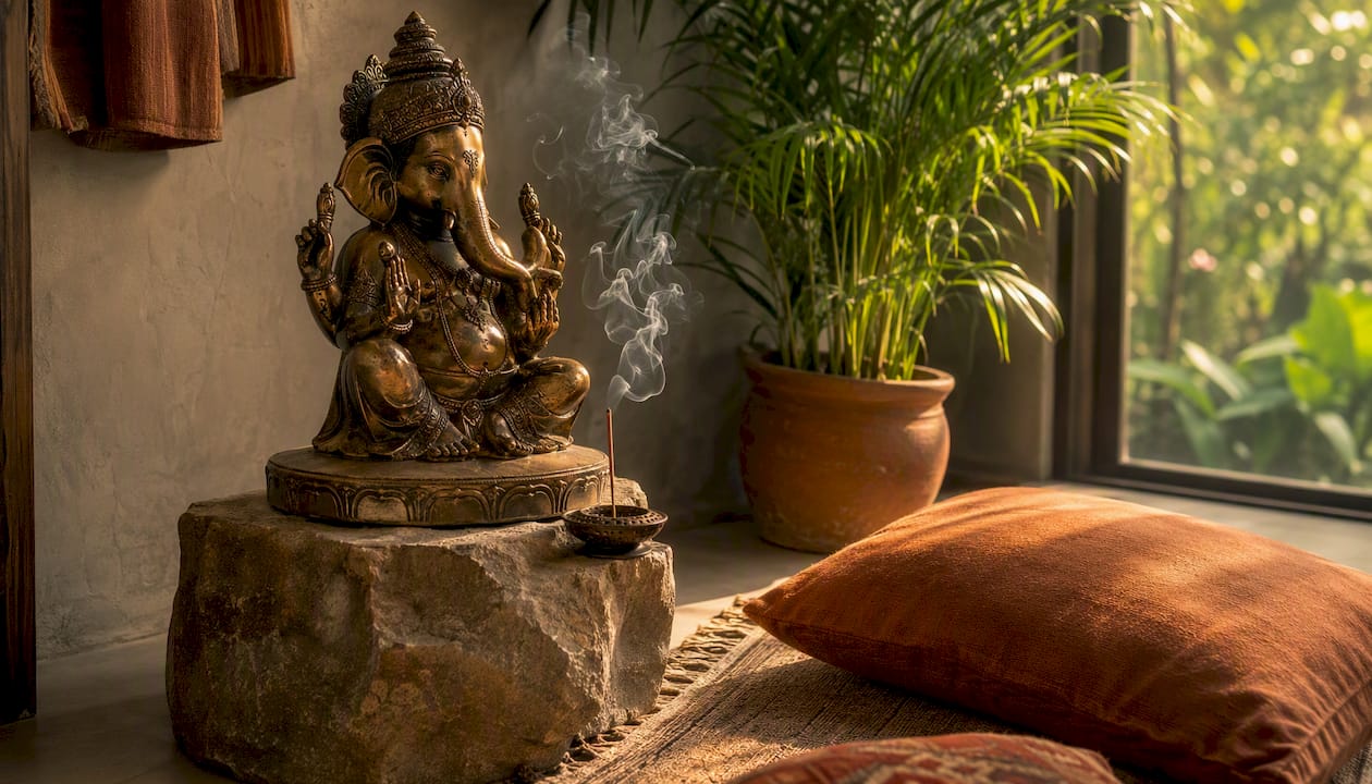 Bronze Ganesha statue in warm living room