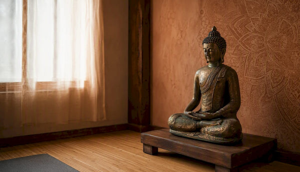 Bronze Buddhist statue in meditation space
