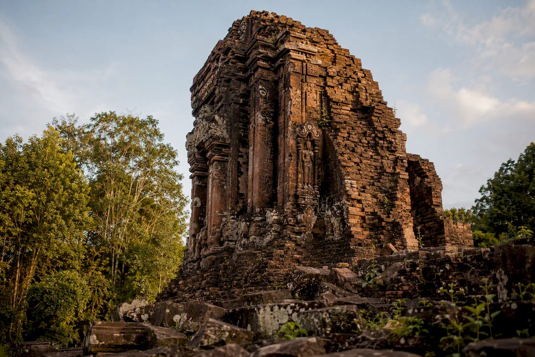 Weathered Cham sandstone temple ruins at My Son valley