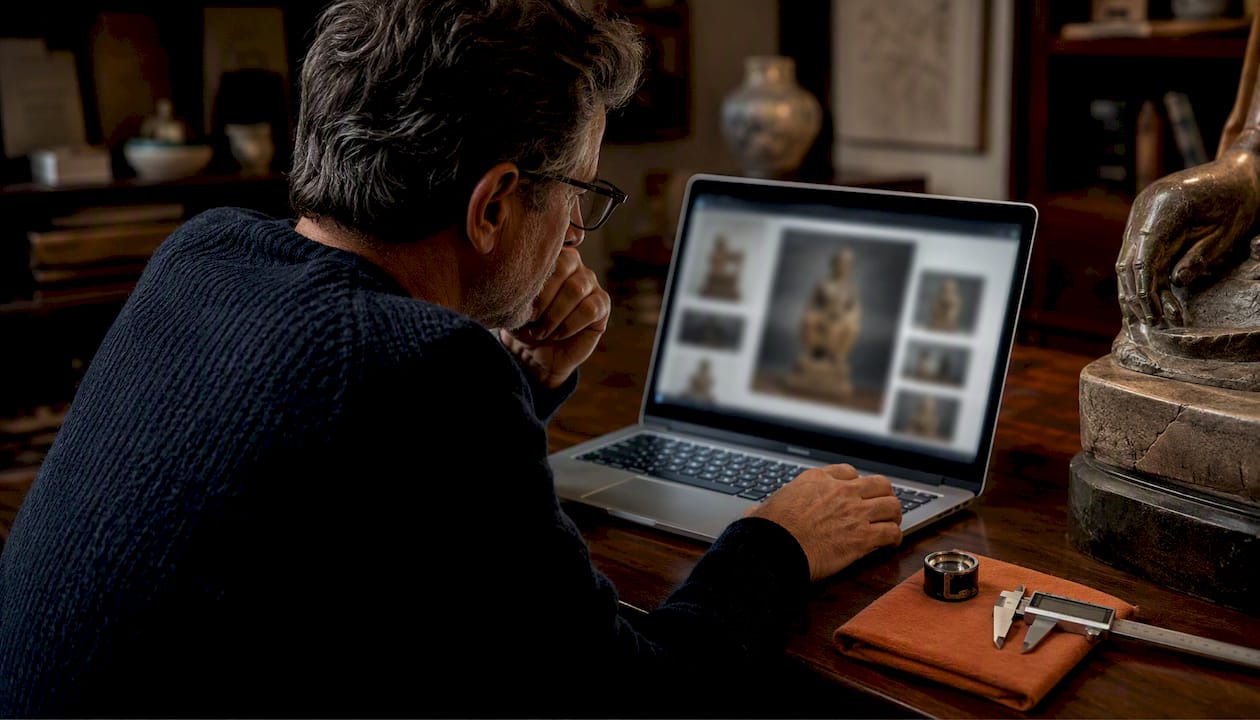 Collector reviewing an online sculpture listing