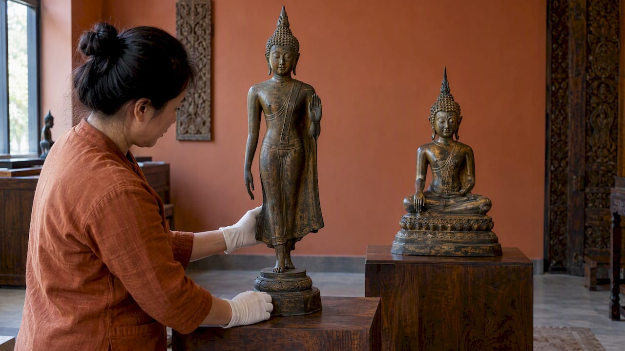 Documento d'identità con foto e provenienza per identificare gli stili di Buddha tailandesi per i collezionisti statunitensi