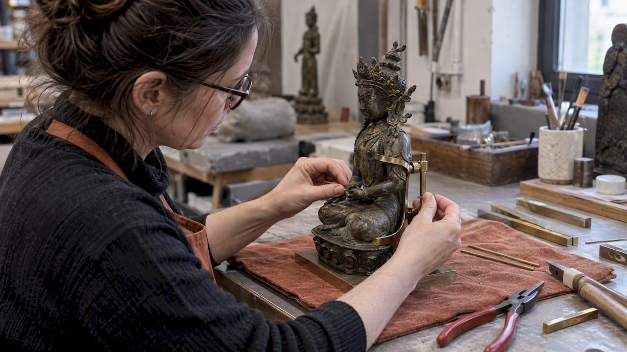 Conservator fitting a mount to bronze sculpture