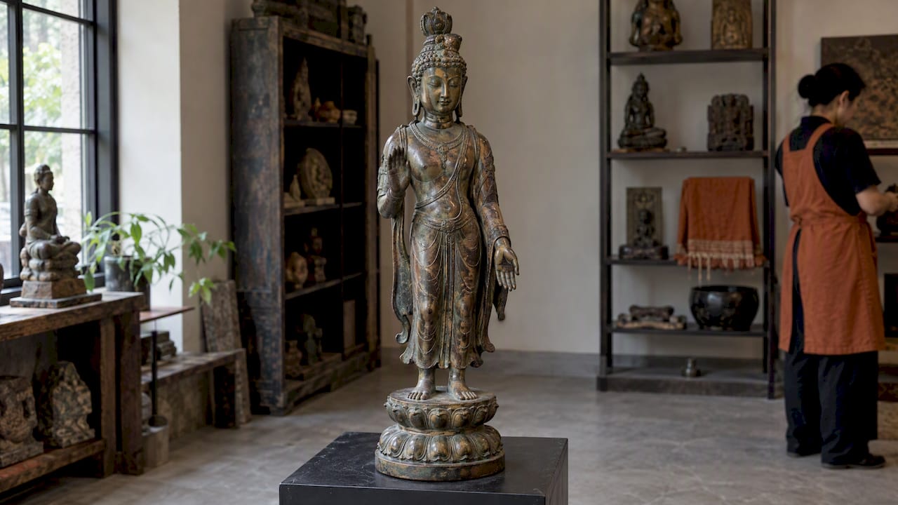 Antique bronze Buddhist statue showing detailed craftsmanship