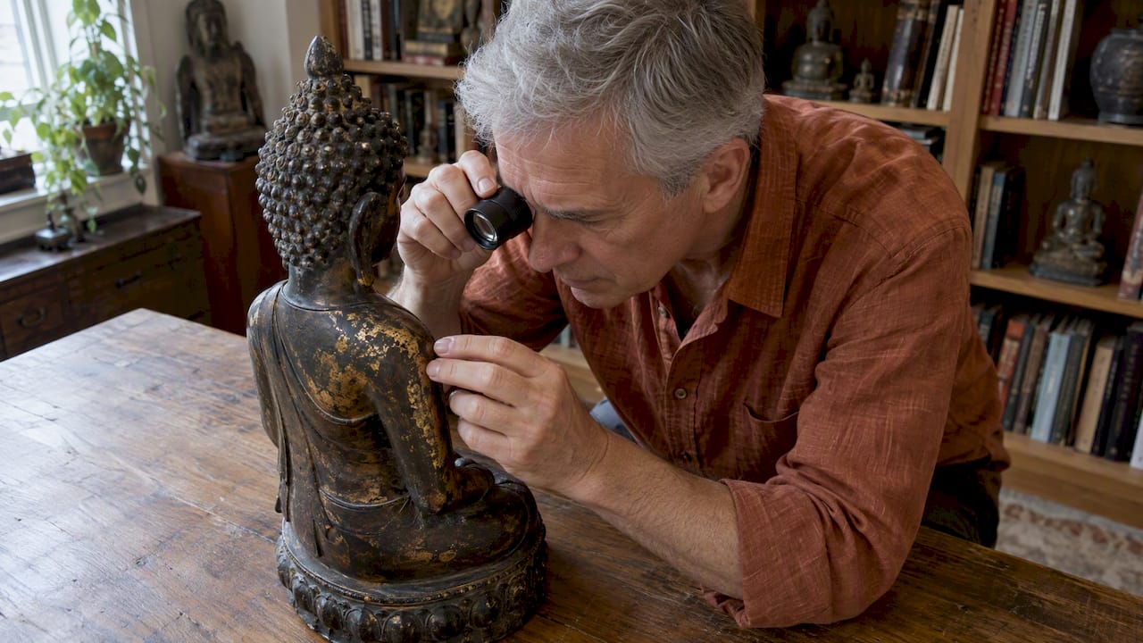 Collector examining an antique bronze Buddha