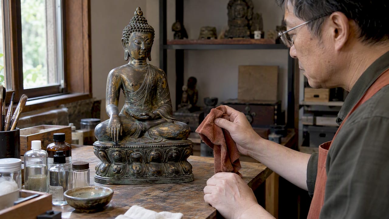 Collector pauses before cleaning patinated bronze statue