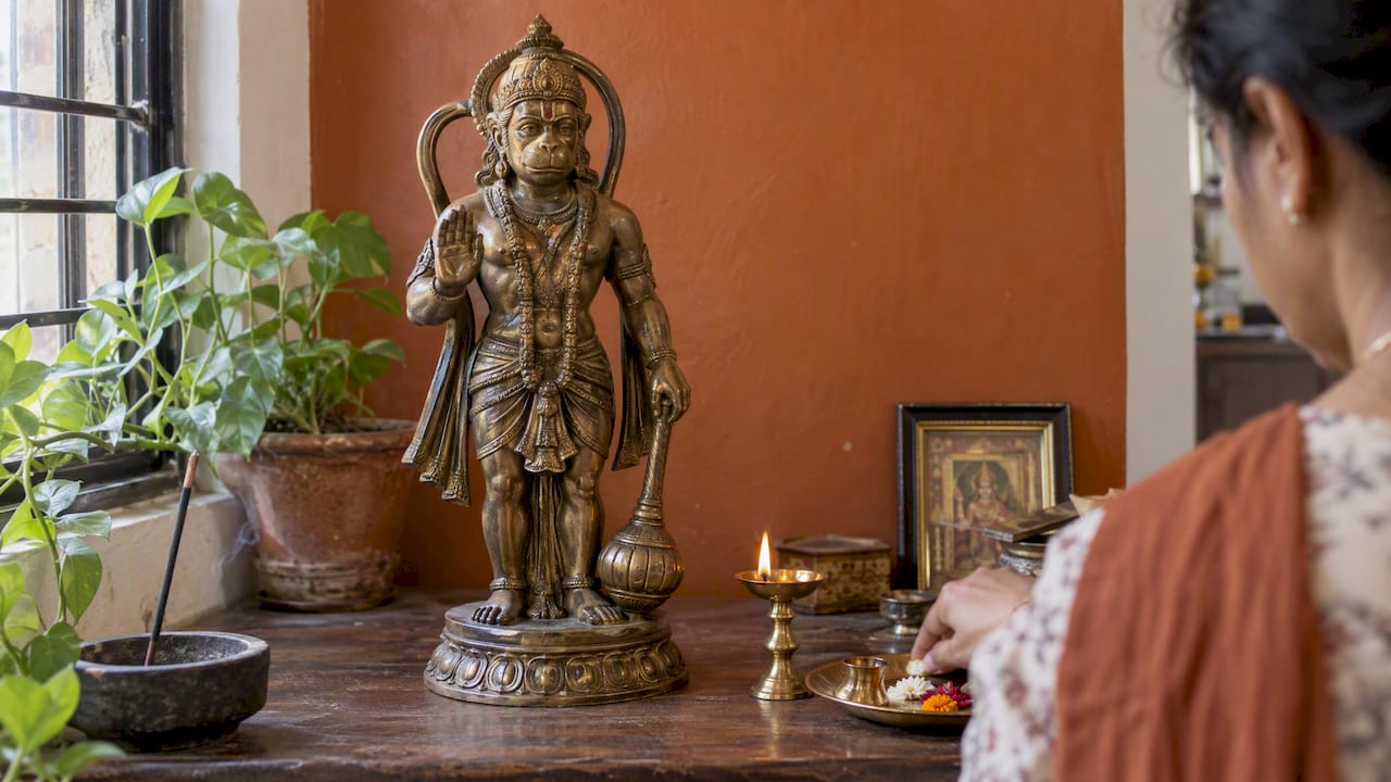 Bronze Hanuman statue on a home altar