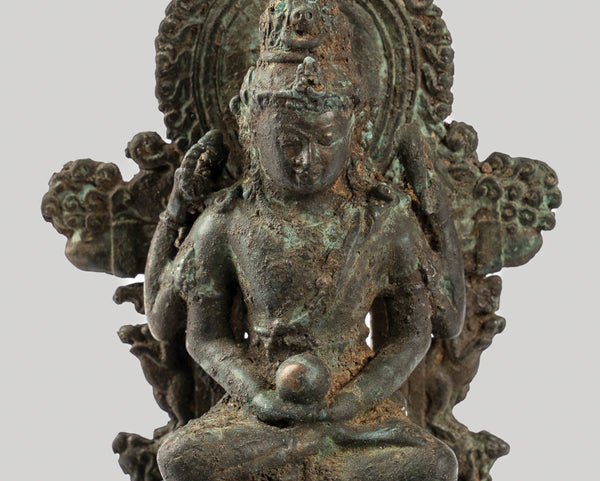 Shiva Statue - Antique Indonesian Style Bronze Javanese Seated 4-Arm Shiva Statue - 20cm/8"
