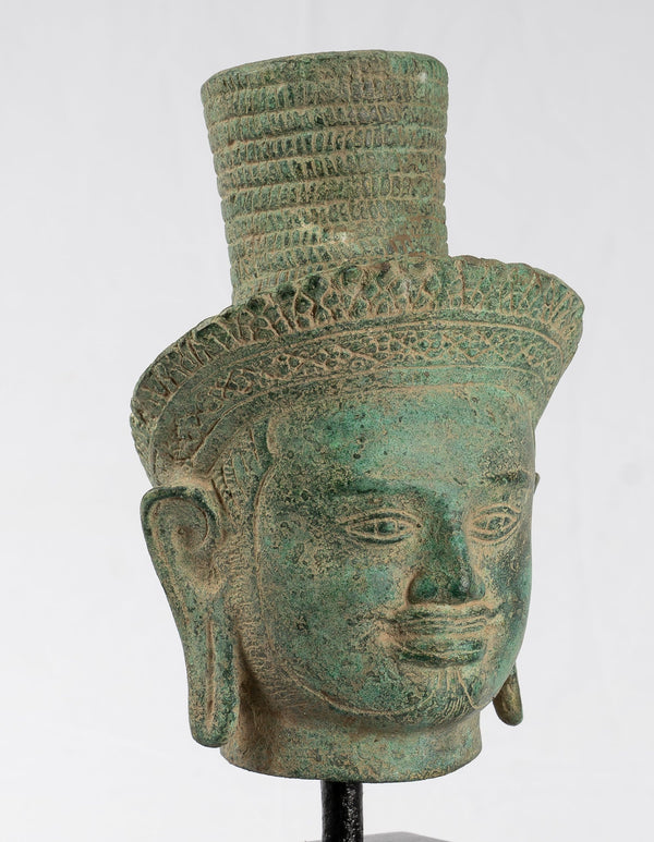 Vishnu Statue - Antique Khmer Style Koh Ker Bronze Vishnu Head Statue - Protector - 23cm/9"