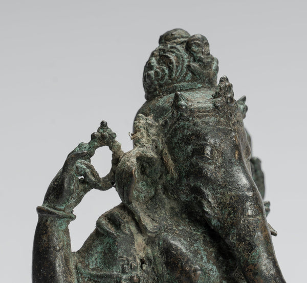 Ganesha Statue - Antique Javanese Style Bronze Seated Majapahit Ganesha Statue - 24cm/10"