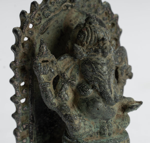 Ganesha Statue - Antique Javanese Style Bronze Seated Indonesian Ganesha Statue - 14cm/6"