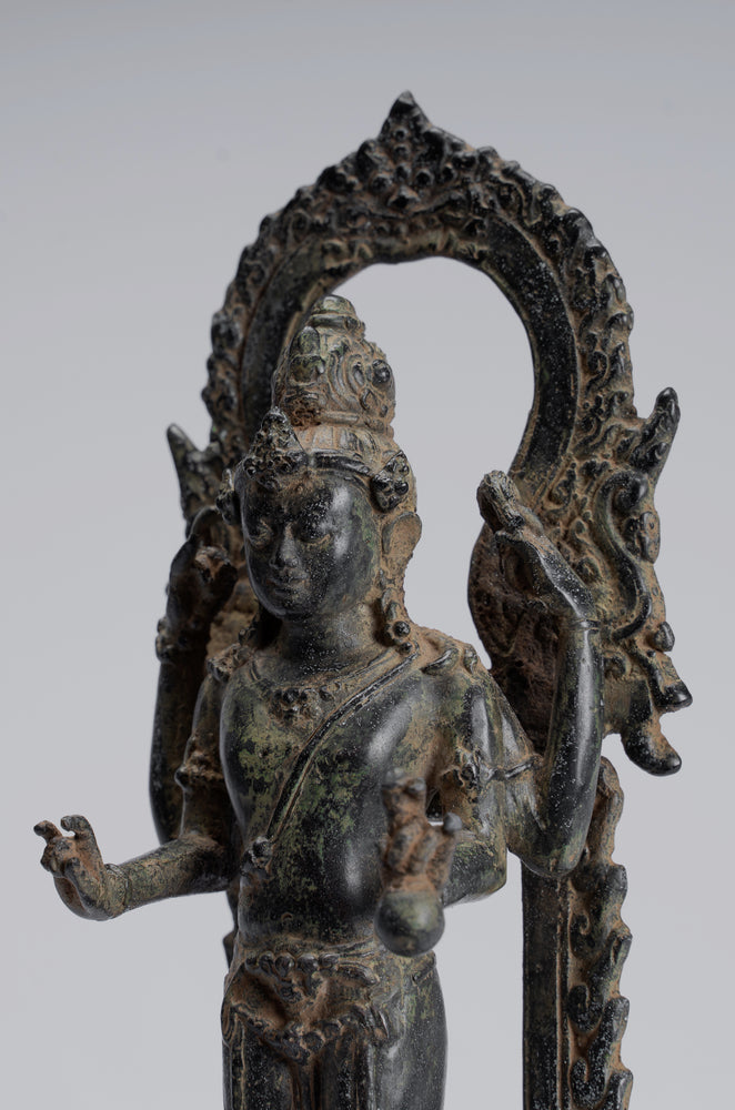 Vishnu - Antique Indonesian Style Majapahit Standing Bronze Vishnu Statue - 24cm/10"