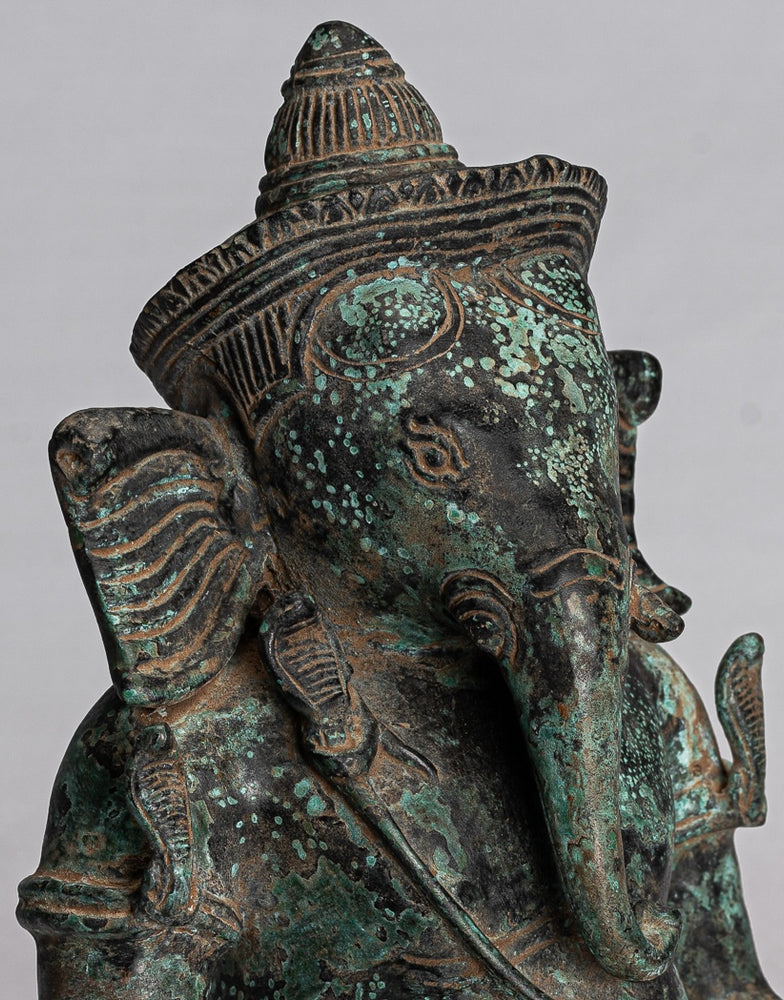 Estatua de Ganesha - Estatua antigua de Bayon Ganesh de bronce sentada estilo jemer - 24 cm/10"