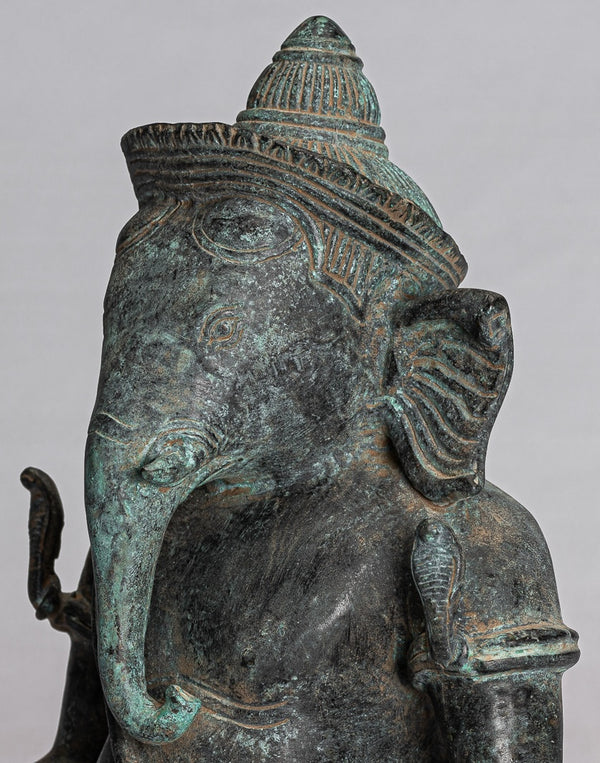 Ganesha Statue - Antique Khmer Style Seated Bronze Bayon Ganesh Statue - 24cm/10"