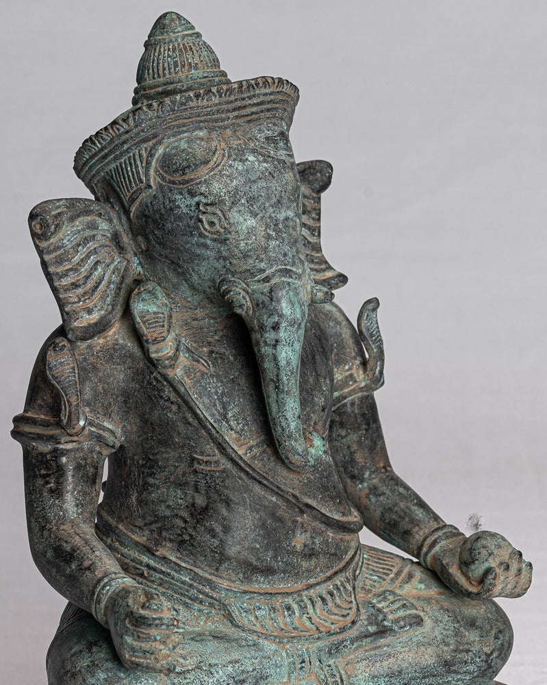 Ganesha Statue - Antique Khmer Style Seated Bronze Bayon Ganesh Statue - 24cm/10"