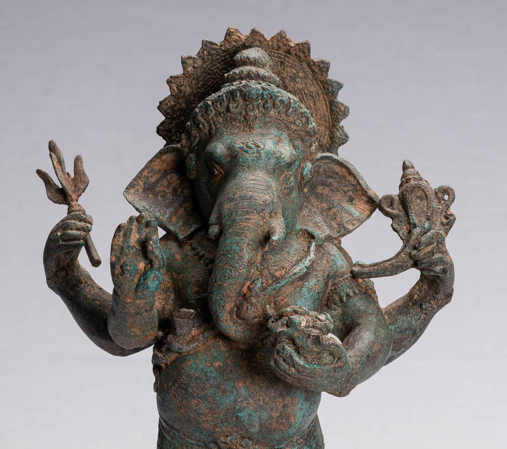 Statua di Ganesha - Statua di Ganesha a 4 bracci in bronzo in stile tailandese antico - 35 cm/14"