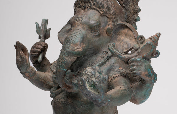 Ganesha Statue - Antique Thai Style Bronze Standing 4-Arm Ganesha Statue - 35cm/14"