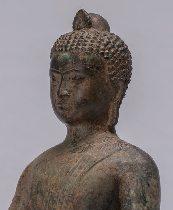 Buddha Statue - Antique Sri Lanka Style Bronze Seated Enlightenment Buddha Statue - 27cm/11"