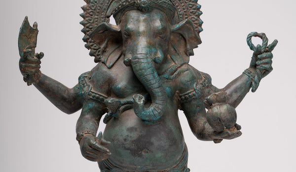 Ganesha Statue - Antique Thai Style Bronze Standing 4-Arm Ganesha Statue - 42cm/17&quot;
