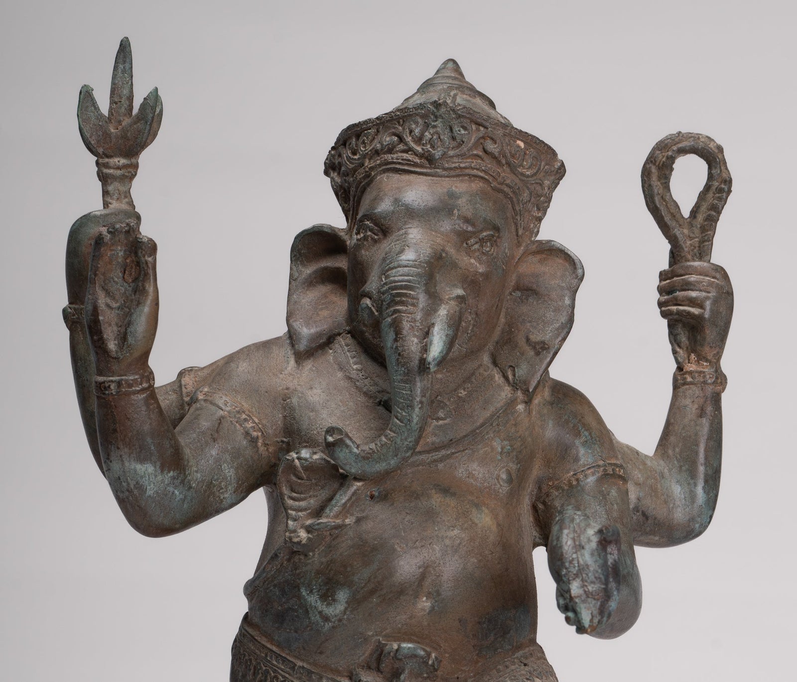 Ganesha Statue - Antique Thai Style Bronze Standing 4-Arm Ganesha Statue - 36cm/14"