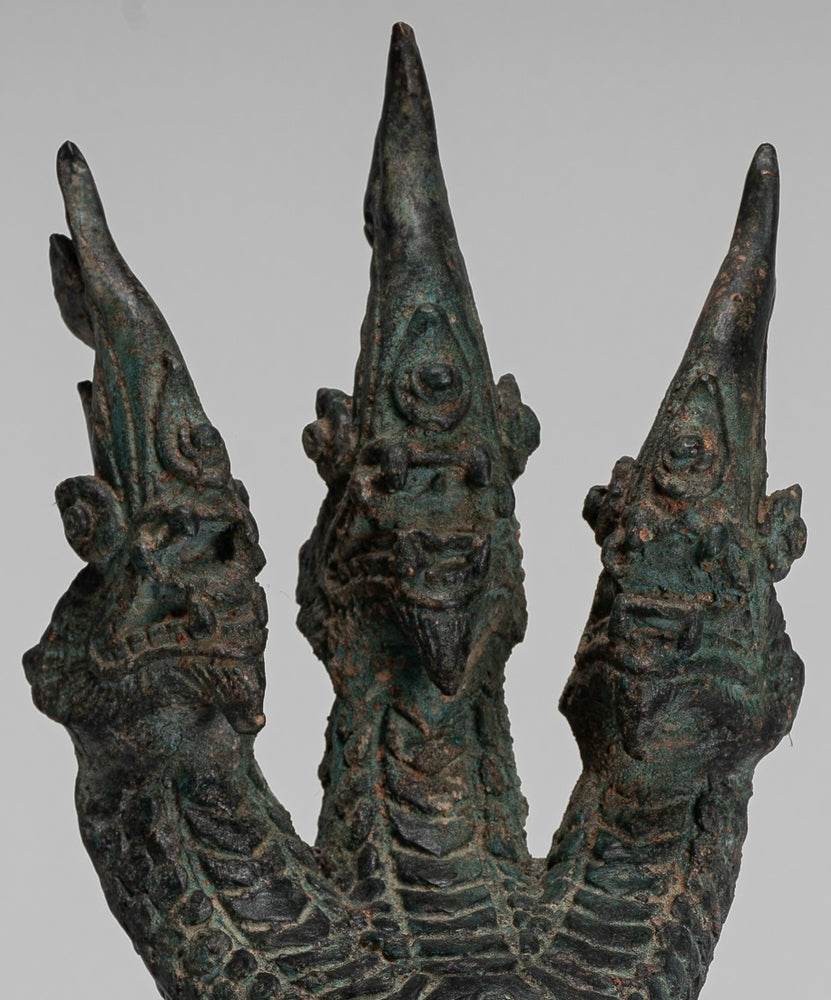 Antique Thai Style Bronze Protective Three Headed Naga, Snake or Serpent Statue - 26cm/10"
