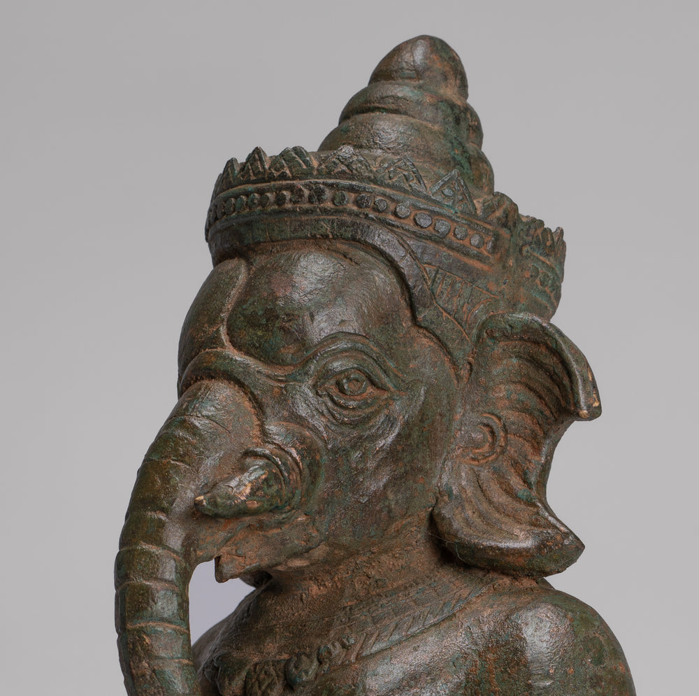 Ganesha Statue - Antique Thai Style Bronze Kneeling Ganesh Statue - 34cm/14"